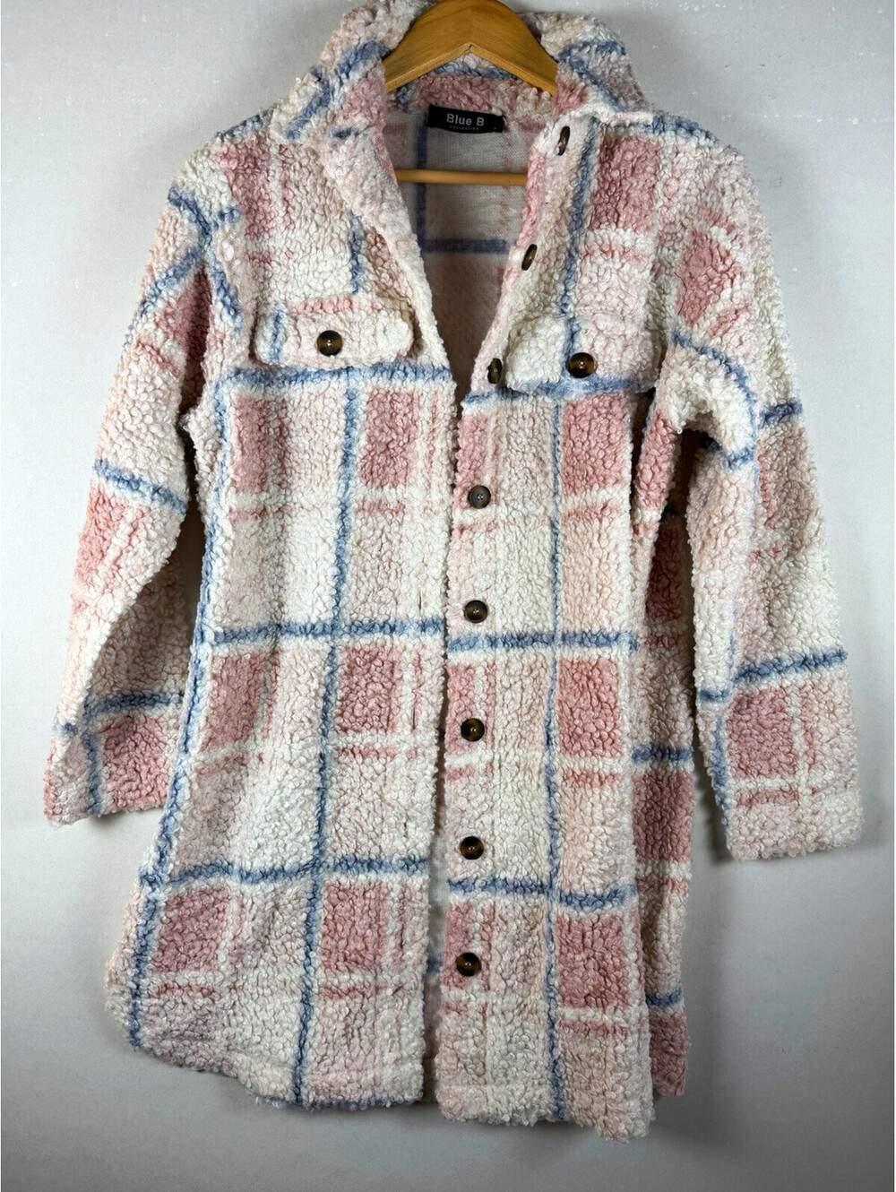 Blue B Women’s Plaid Sherpa Shacket Jacket Button Front Pockets Pink S Long